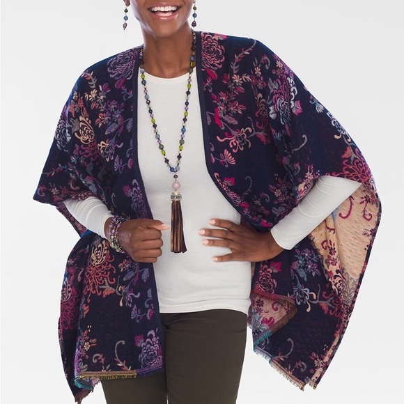 Chico's Sweaters - Chico’s Reversible Multi-Colored Jacquard Ruana fringe trim Shawl one size New